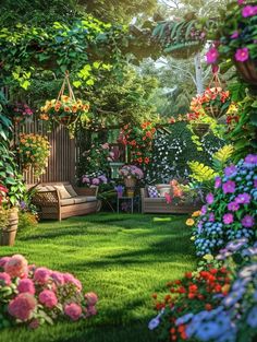 a garden filled with lots of flowers and greenery