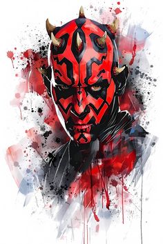 a drawing of darth vader with red paint splattered on it's face