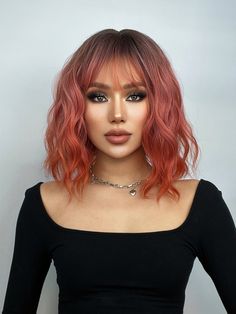 Short Wavy Wigs, Curly Synthetic Wig, Wavy Wigs, Ombre Pink, Front Hair Styles, Ombre Wigs, Short Wavy, Haircut And Color, Wig With Bangs