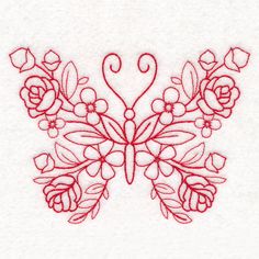 a red butterfly with flowers on it's wings is in the shape of a heart