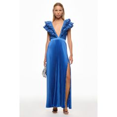 Blue (100% Polyester). Gown. Short sleeves. Plunge neck. Back zipper closure. 55.5" from shoulder to hemline. Imported. Rent The Runway, Split, Short Sleeves, Zipper, Blue