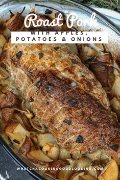 roast pork with apples, potatoes and onions in a pan text reads roast pork with apples, potatoes and onions