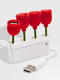 four red flowers are in a white container with a charger and usb cable plugged into it