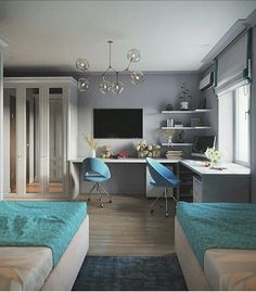 a bedroom with two beds and a desk