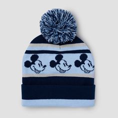 Keep your little one's head warm throughout the cool-weather months with this Mickey Mouse Beanie with Pom. Designed with a fluffy pompom top, this blue, black and gray beanie hat features stripes and a warm and cozy knitted construction with graphics of Mickey Mouse for a cute Disney-themed look. The rolled cuff detail lends a snug fit around their head, while the pull-on style makes it easy to wear. Gray Beanie, Beanie With Pom, Malibu Barbie, Grey Beanie, Floral Knit, Cotton Hat, Cuff Detail, Acrylic Fabric, Scarf Hat