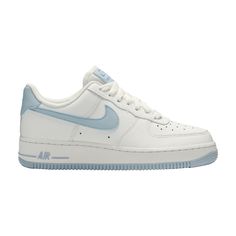 The Nike Wmns Air Force 1 Low '07 Patent sneaker is a contemporary expression of the '82 original's impact on street fashion. Revealed in April 2019, this 'Light Armory Blue' women's update elevates the icon in glossy patent leather. Signature branding comes into play on the tongue badge, Swooshes and debossed heel badge. Encapsulated Air and a rubber cupsole with basketball-inspired tread recall the classic hoops platform. Light Blue Air Force 1, Blue Wishlist, Blue Air Force 1, Nike Air Force 1 Women, Nike Air Force Low, Nike Azul, Blue Nike Air Force, Blue Nike Shoes, Tenis Air Force