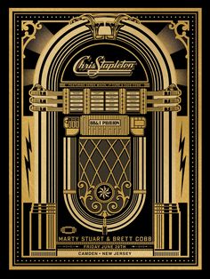 an art deco poster with gold foil on black paper, featuring a jukebox