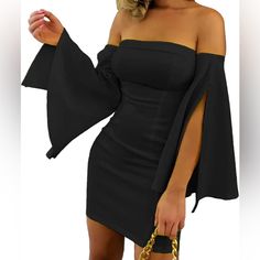 Lovely Black Bodycon Strapless Dress With Trumpet Sleeves. Black Strapless Off-shoulder Stretch Dress, Sleek Off-shoulder Bodycon Dress For Date Night, Strapless Fitted Mini Dress For Fall, Sleek Strapless Mini Dress For Spring, Sleek Off-shoulder Mini Dress For Party, Elegant Off-shoulder Bodycon Dress For Going Out, Sleek Off-shoulder Bodycon Dress For Night Out, Strapless Evening Mini Dress For Fall, Chic Strapless Mini Dress For Fall