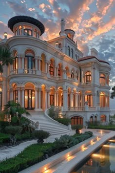 a large white mansion with lots of windows and lights on it's front porch