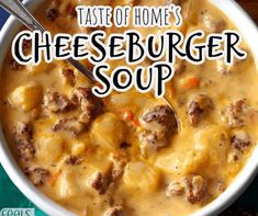 a bowl of cheeseburger soup with a spoon in it