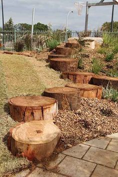 several wooden logs sitting in the middle of a yard