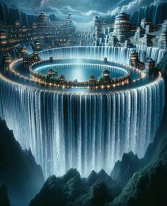 an artist's rendering of a futuristic city surrounded by waterfalls with lights on them