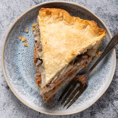 a piece of pie on a plate with a fork