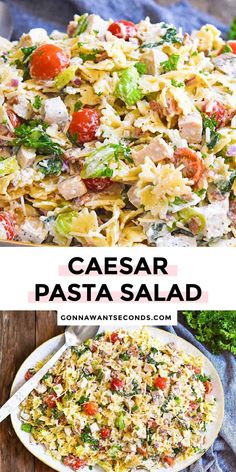 this pasta salad is loaded with fresh vegetables, meat and cheese it's ready to be eaten