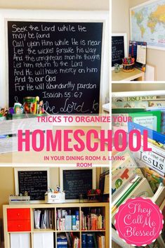 a collage of photos with the words, tricks to organize your homeschool in pink