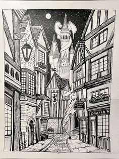 a black and white drawing of an alleyway with lots of buildings on it's sides