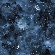 the night sky is filled with stars and moon silhouettes, as well as many other things