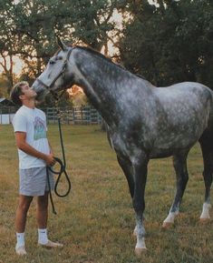 a man standing next to a gray horse on top of a grass covered field with trees in the background