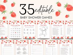 strawberry themed baby shower games with the words 35 edible baby shower games in red and white