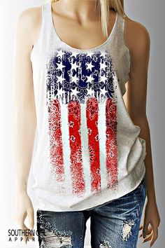 Bandana American Flag Racerback Tank Top for Women.  #southerngirlapparel #flagshirts #flagtanks #americanflag #flag #flagtanktop #tanktops  #womenstanktops #tanktopwomen #countrytanks #countryshirts #country Red Cotton Racerback Tank Top, Red Cotton Racerback Tops, Red Sublimation Print Top For Summer, White Cotton Tops With Bandana Print, White Cotton Top With Bandana Print, Memorial Day Sleeveless Cotton Top, Casual Fitted Bandana Print Tops, Sleeveless Cotton Tops For Memorial Day, Red Tops With American Flag Print For Spring