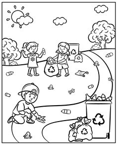 a black and white drawing of two children playing in the park with bags full of garbage