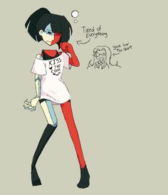 a drawing of a girl with black hair and red leggings holding a cell phone