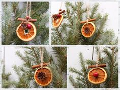 four pictures of an ornament made out of orange slices, cinnamon sticks and pine cones