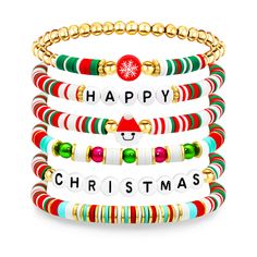 PRICES MAY VARY. Happy Christmas Bracelets: You will receive a set of 6 Christmas bracelets with snowflakes, Santa Claus patterns, and "HAPPY", "CHRISTMAS" beads. Classic Christmas colors, red, white and green, bring these Christmas bead bracelets, perfect for the Christmas atmosphere! Size & High Quality: Christmas preppy bracelets made of decent quality beads, crystal beads and Soft pottery chip, lead free, nickle free, lightweight comfort and durable for all season wear. The Christmas beaded Preppy Xmas Bracelets, Christmas Bead Bracelets, Christmas Friendship Bracelets, Christmas Clay Bead Bracelets, Christmas Beaded Jewelry, Valentines Day Accessories, Christmas Preppy, Burr Basket, Christmas Tree Beads