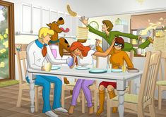 cartoon characters sitting around a table with food