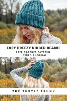 Pinterest pin for the Easy Breezy Ribbed Beanie crochet pattern by The Turtle Trunk. Pin shows two photos of a woman standing outside, wearing a teal, crochet beanie. Double Crochet Beanie Free Pattern, Crochet Hat Free Patterns For Women, Easy Breezy Ribbed Beanie, Oversized Crochet Beanie, Wool Ease Beanie Crochet Pattern, Adult Ribbed Crochet Hat, Beanie Hat Pattern Crochet, 1 Hour Crochet Beanie Pattern Free, Free Hat Crochet Patterns Woman