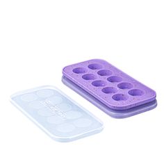 two plastic trays with cupcake pans in them, one purple and the other white