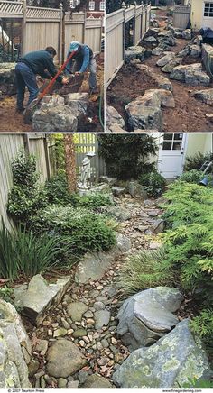 several pictures of a man working in the yard with rocks and plants around him,