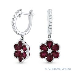 The featured earrings are cast in 18k white gold and showcase flower designs adorned with round cut diamond centerstones petaled by pear-shaped rubies. The flowers then dangle from with diamond-encrusted hinged huggie-posts for secure wear. Your purchase will include a 30-Day Exchange or Money-Back Guarantee & Free US Shipping. Please email us for more details regarding this listing. Size: one size.  Color: Metal Type.  Gender: female.  Age Group: adult. Flower White, Jewelry Images, Art Deco Engagement Ring, Red Ruby, Small Earrings, Fine Jewellery Earrings, Gold Flowers, Vintage Engagement Rings, Round Cut Diamond