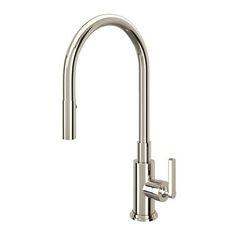 a stainless steel kitchen sink faucet with pull out sprayer