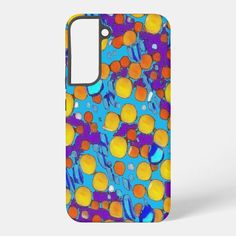 a colorful cell phone case with an image of oranges and blue bubbles on it