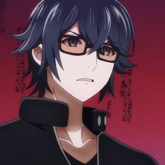 an anime character with black hair and glasses looking at the camera in front of a red background