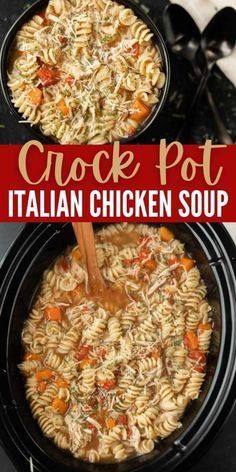 two bowls filled with chicken noodle soup on top of a black counter next to a red and white sign that says crock pot italian chicken soup