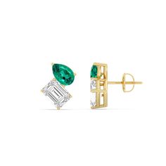 An excellent pair for everyday or special occasion wear, these earrings provide the perfect amount of sparkle to match your modern style. The stud earrings feature a Created Emerald pear and an emerald-cut diamond sitting side by side on pronged baskets. Expect these studs with screw-back closure to infuse a hint of geometric glamour into any ensemble. Pear Emerald Earrings, Vintage Emerald Earrings, Sitting Side By Side, Emerald Earrings Drop, Emerald Diamond Earrings, Art Jewelry Design, Emerald Earrings Studs, Gorgeous Engagement Ring, Diamond Stud Earrings