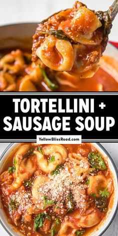 tortellini and sausage soup in a bowl with a ladle full of pasta