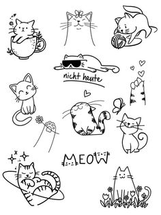 black and white drawing of cats with words that say meow, which are written in different languages