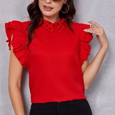 Ruffle, Tiered Layer, Button, Eyelet Embroidered. Butterfly Sleeve. 100% Polyester Ships In 12-14 Days~All Purchases With Longer Shipping Times Are Sent With A Special Gift Trendy Red Office Blouse, Trendy Ruffled Collar Tops For Party, Solid Color Ruffled Collar Top For Work, Trendy Ruffled Collar Top, Feminine Red Blouse For Work, Red Ruffle Sleeve Tops For Spring, Chic Red Blouse With Ruffles, Chic Red Ruffled Top, Elegant Red Ruffled Blouse