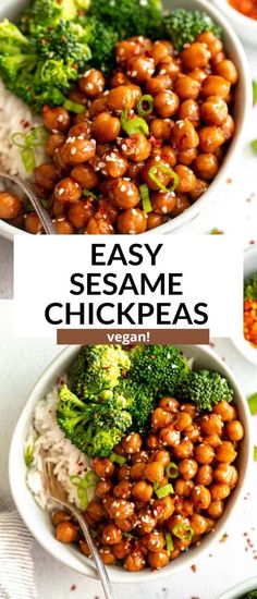 two bowls filled with chickpeas and broccoli on top of a table