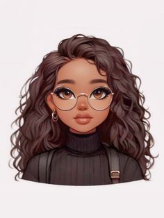 an illustration of a woman with glasses on her head and curly hair, wearing black