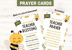 two teacher's prayer cards with a bee on them