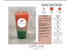 the menu for candy cane cola is shown in red, white and green with information about it