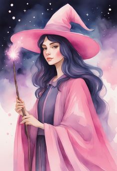 a painting of a woman wearing a pink hat and holding a wand in her hand