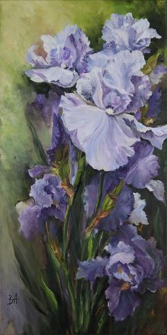 a painting of purple flowers on a green background