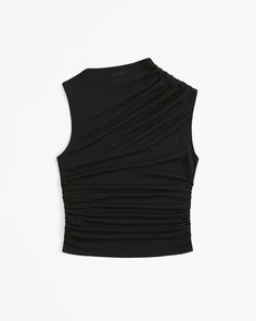 Women's Mesh Draped Crew Top | Women's Tops | Abercrombie.com Asymmetrical Fitted Elastane Top, Fitted Crew Neck Tank Top For Night Out, Asymmetrical Neckline Stretch Tops, Fitted Mesh Top With Crew Neck For Evening, Fitted Ruched Top With Foldover Shape, Fitted Ruched Top With Foldover Neckline, Fitted Foldover Top With Ruched Details, Stretch Crew Neck Tops For Evening, Fitted Sleeveless Crop Top For Evening