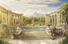 an artist's rendering of a garden with fountains and statues