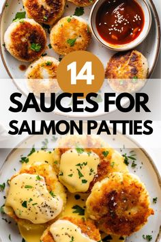 four different types of sauces for salmon patties on white plates with text overlay